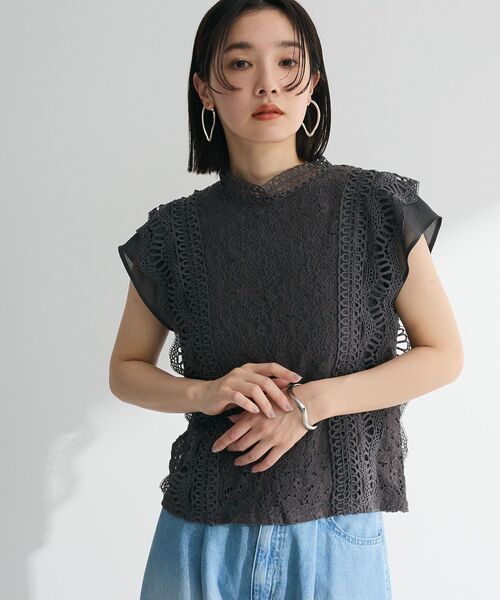 Petit fleur（プチフルール）の「・Petit Fleur フレンチレーシーブラウス（シャツ/ブラウス・レディース・ブラック/オフホワイト/チャコールグレー/ピンク/ミント/カーキ/アイボリー/ブラウン・FREE）」の4枚目の写真