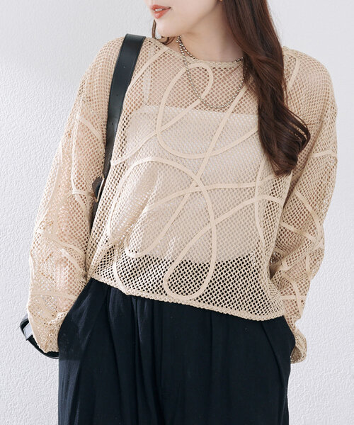 Remind me and forever（リマインドミーアンドフォーエバー）の「メッシュコード刺繍プルオーバー（Tシャツ/カットソー・レディース・ベージュ/アイボリー/ブラック・FREE）」の3枚目の写真