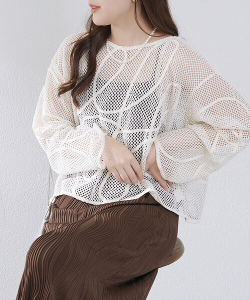 Remind me and forever（リマインドミーアンドフォーエバー）の「メッシュコード刺繍プルオーバー（Tシャツ/カットソー・レディース・ベージュ/アイボリー/ブラック・FREE）」の4枚目の写真