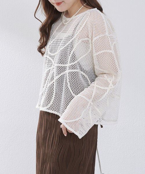 Remind me and forever（リマインドミーアンドフォーエバー）の「メッシュコード刺繍プルオーバー（Tシャツ/カットソー・レディース・ベージュ/アイボリー/ブラック・FREE）」の6枚目の写真