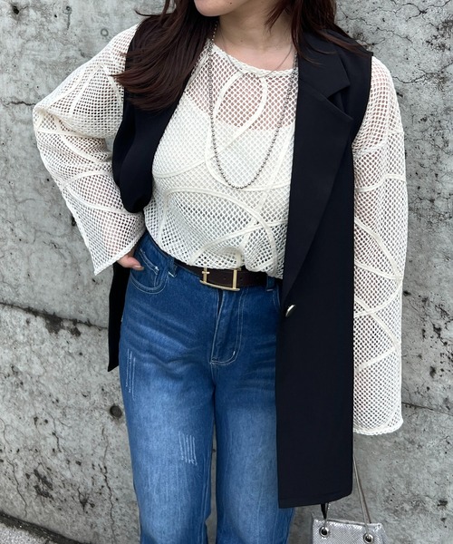 Remind me and forever（リマインドミーアンドフォーエバー）の「メッシュコード刺繍プルオーバー（Tシャツ/カットソー・レディース・ベージュ/アイボリー/ブラック・FREE）」の2枚目の写真