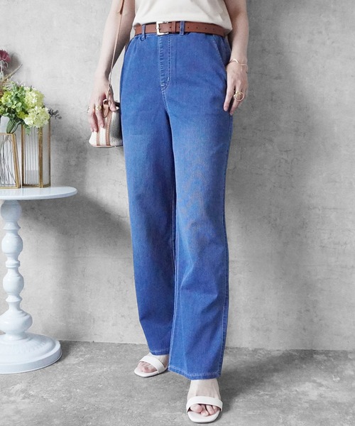SELECT LEVERY(セレクトリベリー)の「接触冷感 吸水速乾 アイスメッシュイージーストレートパンツ(デニムパンツ・レディース・ネイビー/ライトブルー/ブルー/ワンウォッシュ・SMALL/MEDIUM/LARGE/X-LARGE)」の3枚目の写真
