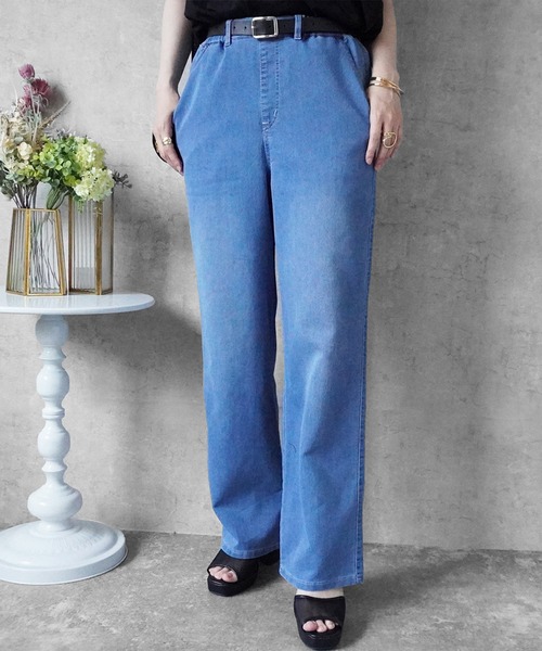 SELECT LEVERY(セレクトリベリー)の「接触冷感 吸水速乾 アイスメッシュイージーストレートパンツ(デニムパンツ・レディース・ネイビー/ライトブルー/ブルー/ワンウォッシュ・SMALL/MEDIUM/LARGE/X-LARGE)」の1枚目の写真