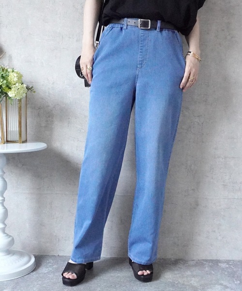 SELECT LEVERY(セレクトリベリー)の「接触冷感 吸水速乾 アイスメッシュイージーストレートパンツ(デニムパンツ・レディース・ネイビー/ライトブルー/ブルー/ワンウォッシュ・SMALL/MEDIUM/LARGE/X-LARGE)」の10枚目の写真