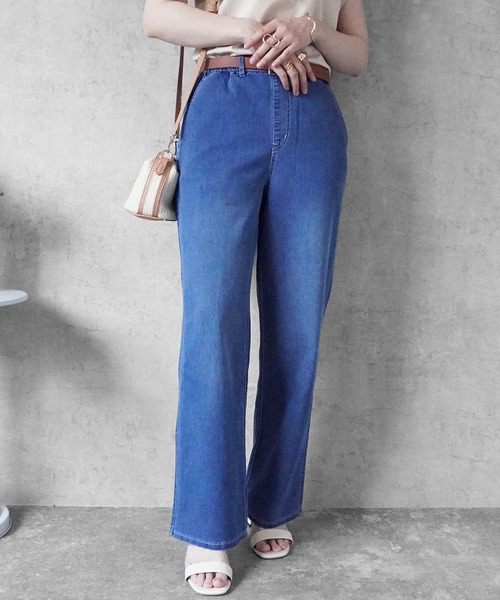SELECT LEVERY(セレクトリベリー)の「接触冷感 吸水速乾 アイスメッシュイージーストレートパンツ(デニムパンツ・レディース・ネイビー/ライトブルー/ブルー/ワンウォッシュ・SMALL/MEDIUM/LARGE/X-LARGE)」の14枚目の写真