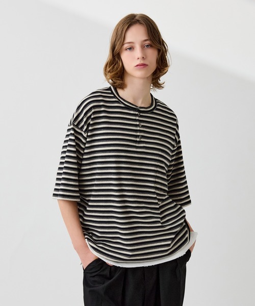 HENLEY NECK MULTI BORDER TEE / ヘンリーネックマルチボーダーT（T