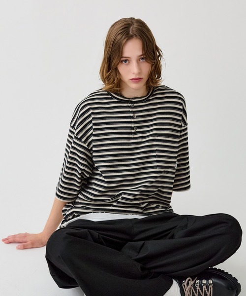 HENLEY NECK MULTI BORDER TEE / ヘンリーネックマルチボーダーT（T