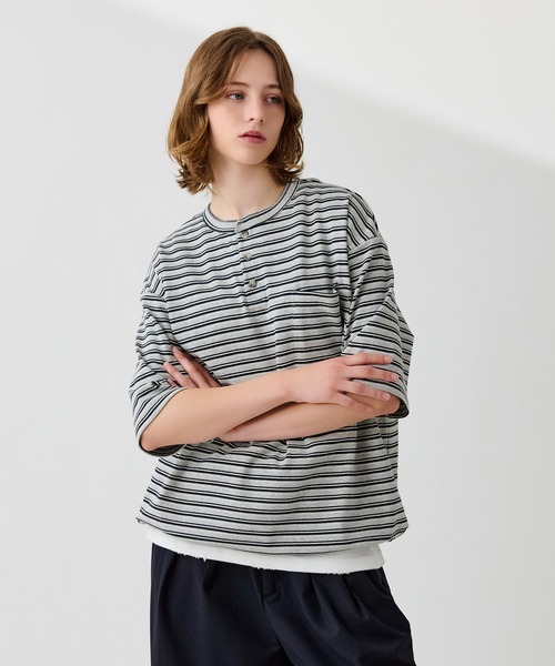 HENLEY NECK MULTI BORDER TEE / ヘンリーネックマルチボーダーT（T