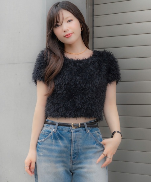 SENEE（セニー）の「feather tulle knit T-shirt（フェザーチュール