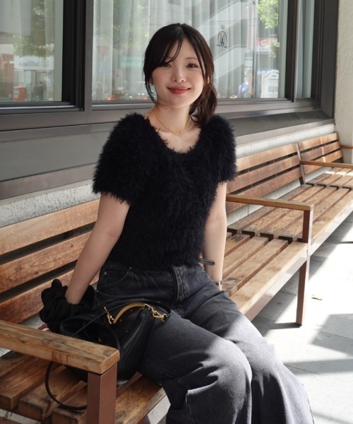 SENEE feather tulle knit T-shirt ブラック feather tulle knit T-shirt(フェザーチュールニットTシャツ