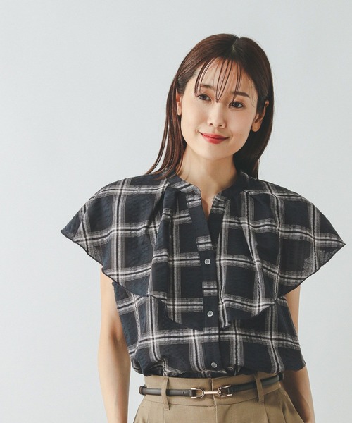 GLOBAL WORK（グローバルワーク）の「チェックフリルブラウスノースリーブ/498365（シャツ/ブラウス・レディース・ブラック/ブラウン/ブルー系その他7・LARGE/MEDIUM）」の4枚目の写真