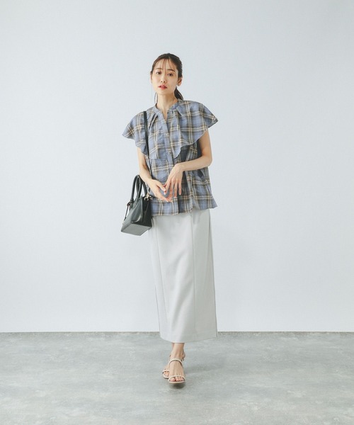 セール】チェックフリルブラウスノースリーブ/498365（シャツ/ブラウス