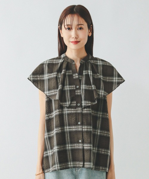 セール】チェックフリルブラウスノースリーブ/498365（シャツ/ブラウス