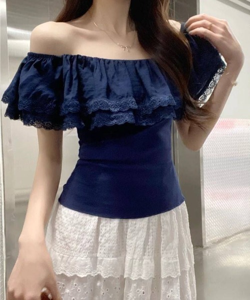 gossip!ロサンゼルス(ゴシップロサンゼルス)の「ストレッチデコルテフリル オフショルダーサマートップス(Tシャツ/カットソー・レディース・ネイビー/オフホワイト・FREE)」の2枚目の写真