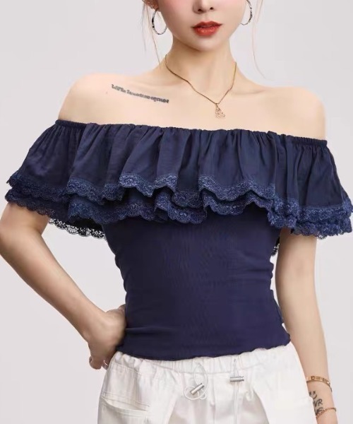 gossip!ロサンゼルス(ゴシップロサンゼルス)の「ストレッチデコルテフリル オフショルダーサマートップス(Tシャツ/カットソー・レディース・ネイビー/オフホワイト・FREE)」の8枚目の写真