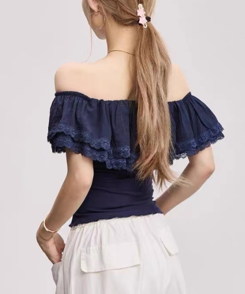 gossip!ロサンゼルス(ゴシップロサンゼルス)の「ストレッチデコルテフリル オフショルダーサマートップス(Tシャツ/カットソー・レディース・ネイビー/オフホワイト・FREE)」の9枚目の写真