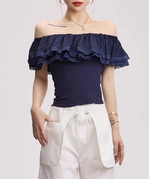 gossip!ロサンゼルス(ゴシップロサンゼルス)の「ストレッチデコルテフリル オフショルダーサマートップス(Tシャツ/カットソー・レディース・ネイビー/オフホワイト・FREE)」の10枚目の写真