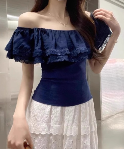 gossip!ロサンゼルス(ゴシップロサンゼルス)の「ストレッチデコルテフリル オフショルダーサマートップス(Tシャツ/カットソー・レディース・ネイビー/オフホワイト・FREE)」の12枚目の写真