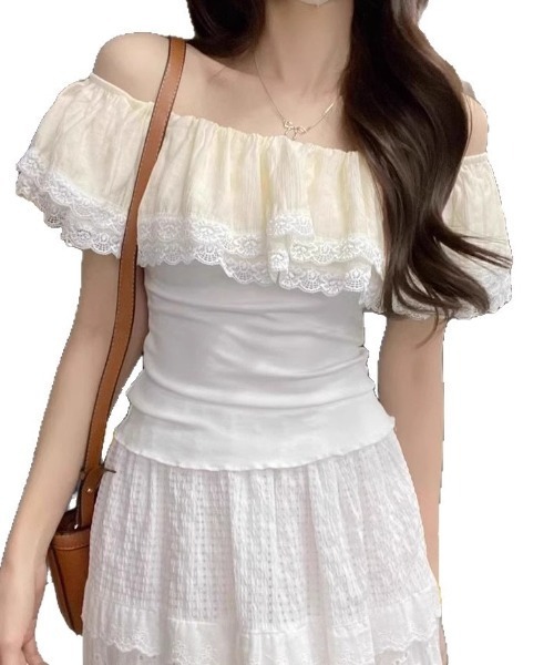 gossip!ロサンゼルス(ゴシップロサンゼルス)の「ストレッチデコルテフリル オフショルダーサマートップス(Tシャツ/カットソー・レディース・ネイビー/オフホワイト・FREE)」の13枚目の写真