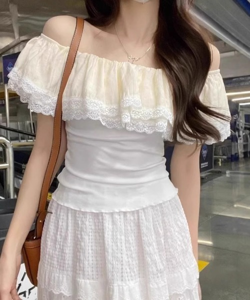 gossip!ロサンゼルス(ゴシップロサンゼルス)の「ストレッチデコルテフリル オフショルダーサマートップス(Tシャツ/カットソー・レディース・ネイビー/オフホワイト・FREE)」の16枚目の写真