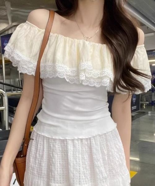 gossip!ロサンゼルス(ゴシップロサンゼルス)の「ストレッチデコルテフリル オフショルダーサマートップス(Tシャツ/カットソー・レディース・ネイビー/オフホワイト・FREE)」の20枚目の写真