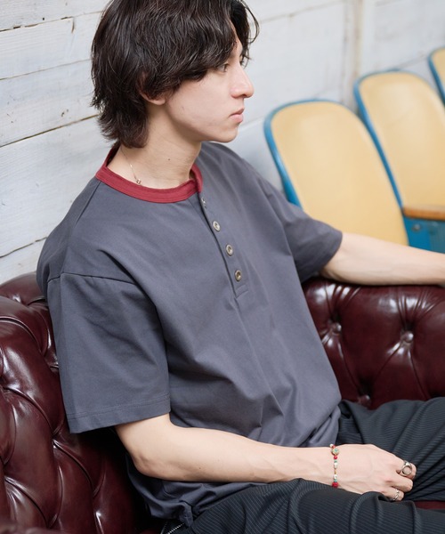 Adoon plain（アドーンプレーン）の「ASSORTED HENRY NECK DRAWCORD T-SHIRT / アソートヘンリーネックドローコードT (無地・ボーダー)（Tシャツ/カットソー・メンズ・チャコールグレー/ネイビー/ブラック/その他・MEDIUM/LARGE）」の12枚目の写真