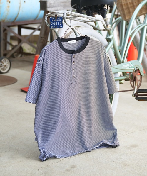 Adoon plain（アドーンプレーン）の「ASSORTED HENRY NECK DRAWCORD T-SHIRT / アソートヘンリーネックドローコードT (無地・ボーダー)（Tシャツ/カットソー・メンズ・チャコールグレー/ネイビー/ブラック/その他・MEDIUM/LARGE）」の6枚目の写真