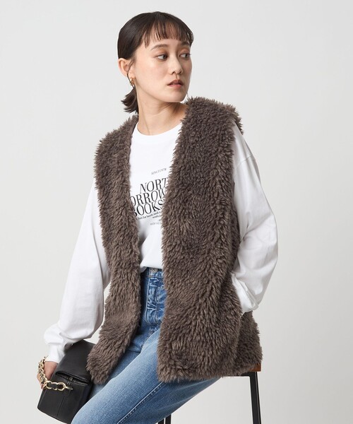 green label relaxing（グリーンレーベルリラクシング）の「ボア ベスト（ベスト・レディース・モカ/ダークグレー/オフホワイト・FREE）」の14枚目の写真