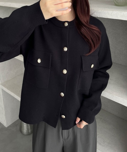 【未使用級】レオナール カーディガン 金ボタン ブラック Lサイズ anc レオナール LEONARD カーディガン L 黒 白 ニット ゴールドラメ 花