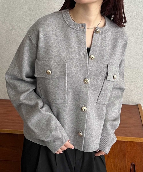 グレー ニットカーディガン 長袖 フロントボタン セール】ハイネック ニットカーディガン 長袖 トップス 秋冬 キレイめ