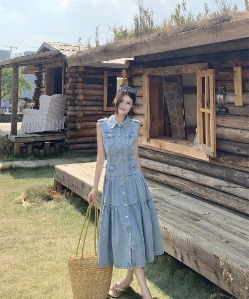 almo（アルモ）の「【portulaca】デニムノースリーブワンピース（ワンピース・レディース・ブルー・FREE）」の2枚目の写真