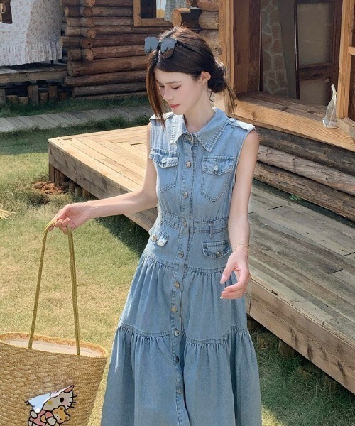 almo（アルモ）の「【portulaca】デニムノースリーブワンピース（ワンピース・レディース・ブルー・FREE）」の4枚目の写真