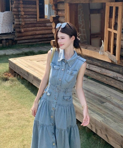 almo（アルモ）の「【portulaca】デニムノースリーブワンピース（ワンピース・レディース・ブルー・FREE）」の5枚目の写真