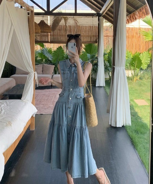 almo（アルモ）の「【portulaca】デニムノースリーブワンピース（ワンピース・レディース・ブルー・FREE）」の6枚目の写真