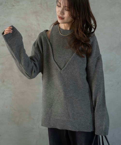 Muffiny(マフィニー)の「アルパカタッチアンサンブル風ニット(ニット/セーター・レディース・グレイッシュベージュ/チャコールグレー・FREE)」の7枚目の写真
