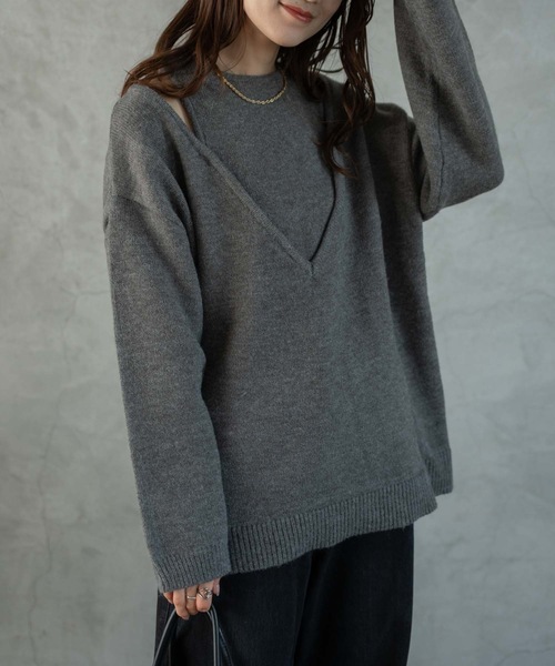 Muffiny(マフィニー)の「アルパカタッチアンサンブル風ニット(ニット/セーター・レディース・グレイッシュベージュ/チャコールグレー・FREE)」の11枚目の写真