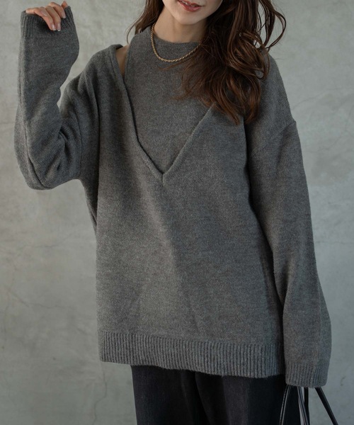 Muffiny(マフィニー)の「アルパカタッチアンサンブル風ニット(ニット/セーター・レディース・グレイッシュベージュ/チャコールグレー・FREE)」の9枚目の写真