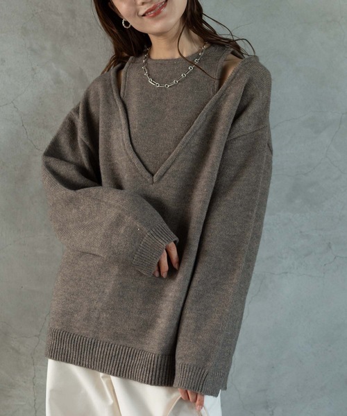 Muffiny(マフィニー)の「アルパカタッチアンサンブル風ニット(ニット/セーター・レディース・グレイッシュベージュ/チャコールグレー・FREE)」の22枚目の写真