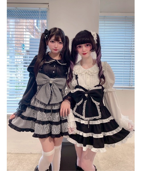 Ank Rouge（アンクルージュ）の「BIGリボン配色ティアードジャンスカ（ジャンパースカート・レディース・ブラック/ピンク/ホワイト・M）」の9枚目の写真