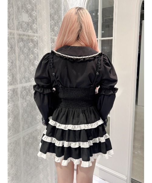 Ank Rouge（アンクルージュ）の「BIGリボン配色ティアードジャンスカ（ジャンパースカート・レディース・ブラック/ピンク/ホワイト・M）」の8枚目の写真