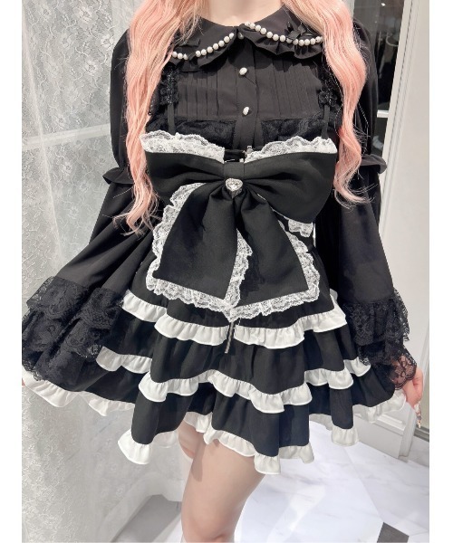 Ank Rouge（アンクルージュ）の「BIGリボン配色ティアードジャンスカ（ジャンパースカート・レディース・ブラック/ピンク/ホワイト・M）」の7枚目の写真