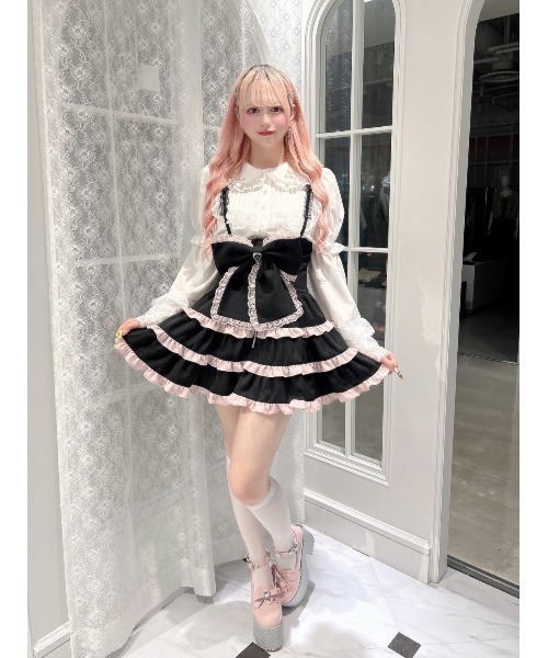 Ank Rouge（アンクルージュ）の「BIGリボン配色ティアードジャンスカ（ジャンパースカート・レディース・ブラック/ピンク/ホワイト・M）」の22枚目の写真