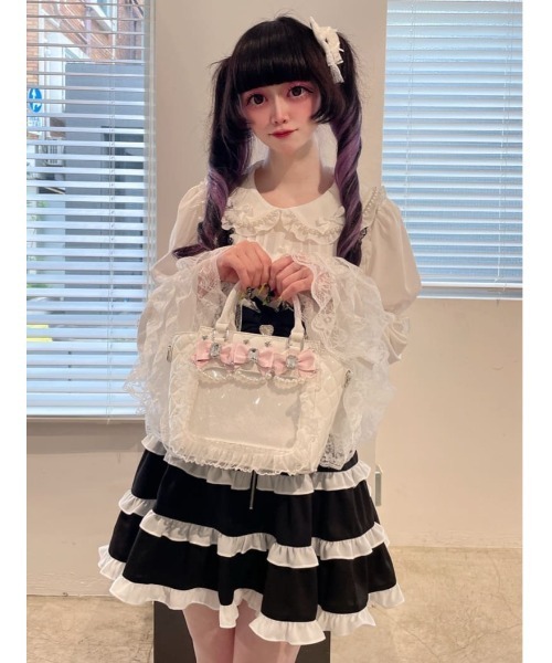 Ank Rouge（アンクルージュ）の「BIGリボン配色ティアードジャンスカ（ジャンパースカート・レディース・ブラック/ピンク/ホワイト・M）」の4枚目の写真