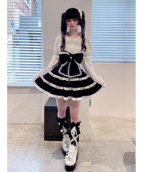 Ank Rouge（アンクルージュ）の「BIGリボン配色ティアードジャンスカ（ジャンパースカート・レディース・ブラック/ピンク/ホワイト・M）」の5枚目の写真