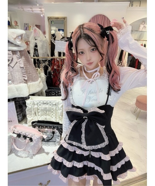 Ank Rouge（アンクルージュ）の「BIGリボン配色ティアードジャンスカ（ジャンパースカート・レディース・ブラック/ピンク/ホワイト・M）」の20枚目の写真