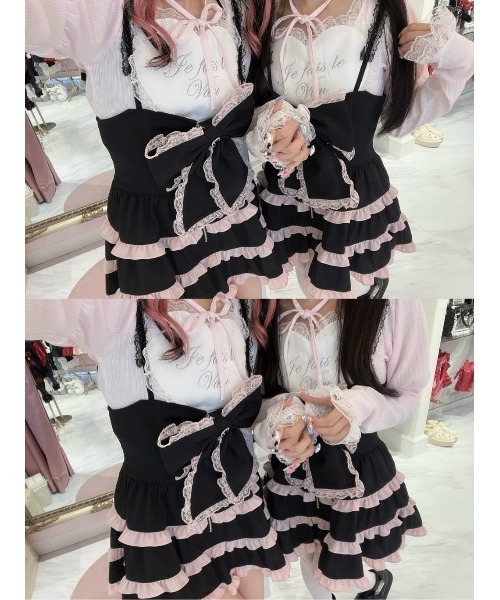 Ank Rouge（アンクルージュ）の「BIGリボン配色ティアードジャンスカ（ジャンパースカート・レディース・ブラック/ピンク/ホワイト・M）」の21枚目の写真