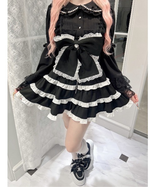 Ank Rouge（アンクルージュ）の「BIGリボン配色ティアードジャンスカ（ジャンパースカート・レディース・ブラック/ピンク/ホワイト・M）」の6枚目の写真