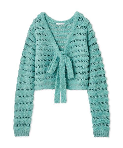 FRAY I.D（フレイアイディー）の「ネット編みシャギーボーダーカーデ（カーディガン/ボレロ・レディース・オフホワイト/グレー/ターコイズブルー・F）」の3枚目の写真