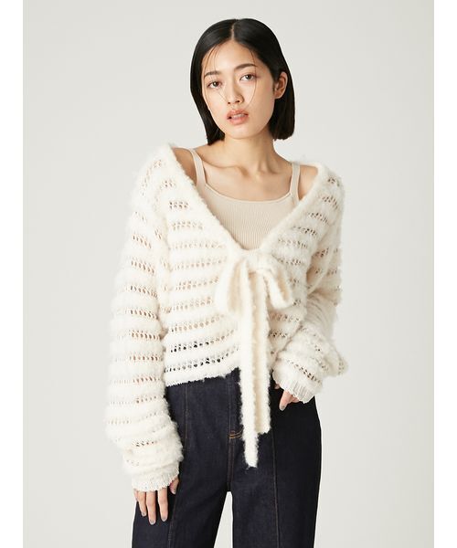 FRAY I.D（フレイアイディー）の「ネット編みシャギーボーダーカーデ（カーディガン/ボレロ・レディース・オフホワイト/グレー/ターコイズブルー・F）」の5枚目の写真