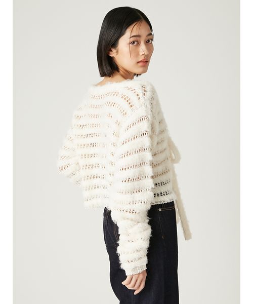 FRAY I.D（フレイアイディー）の「ネット編みシャギーボーダーカーデ（カーディガン/ボレロ・レディース・オフホワイト/グレー/ターコイズブルー・F）」の7枚目の写真